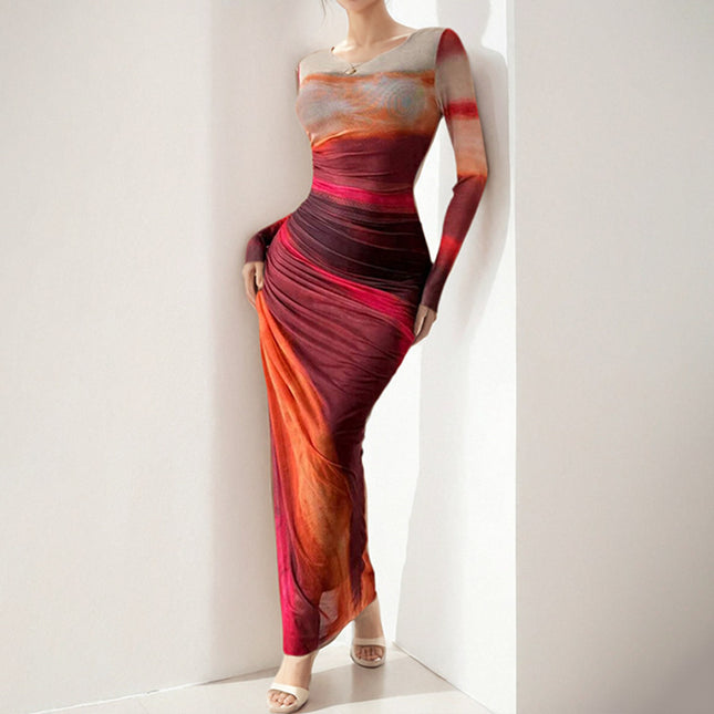 Tie-dyed Long Sleeve Slim Fit Hot Girl Long Dress