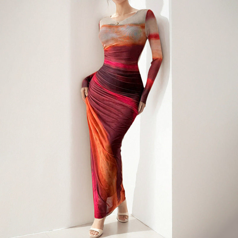 Tie-dyed Long Sleeve Slim Fit Hot Girl Long Dress