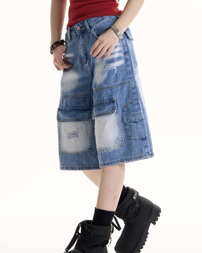 Women's Retro Hot Girl Ripped Design Denim Middle Pants