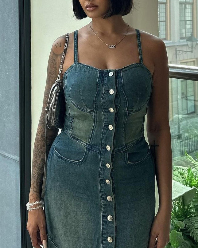 Denim Single-breasted Suspender Dress