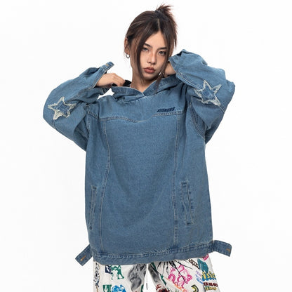 Retro Washed Loose Hooded Denim Top