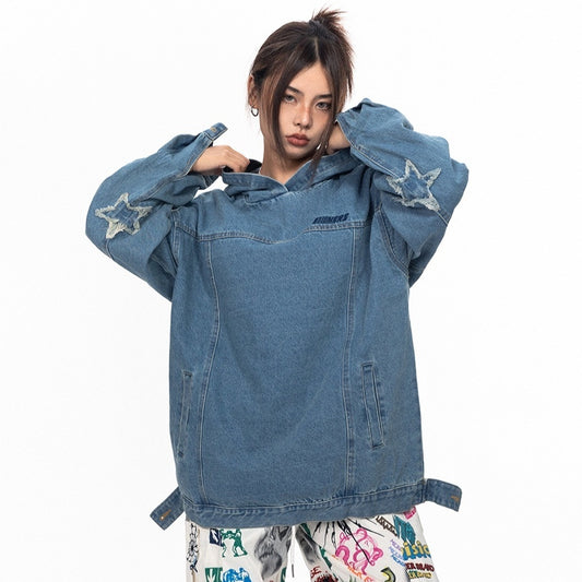 Retro Washed Loose Hooded Denim Top