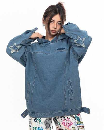 Retro Washed Loose Hooded Denim Top