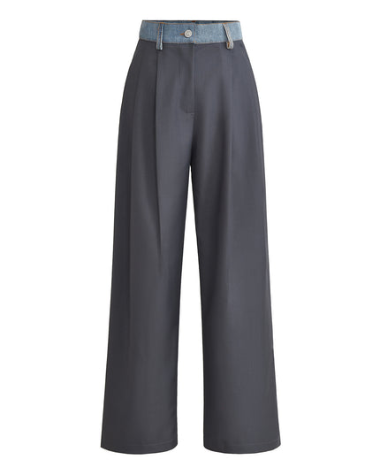 Color Contrast Patchwork Denim Waist High Waist Loose Straight Casual Pants