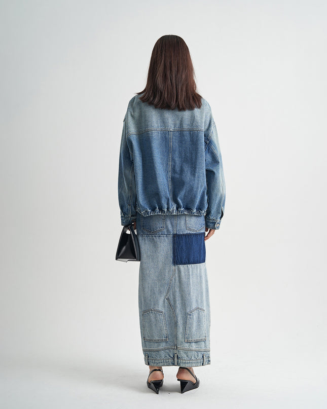 Washed Denim Long Skirts Stitching Design Women's Clothing