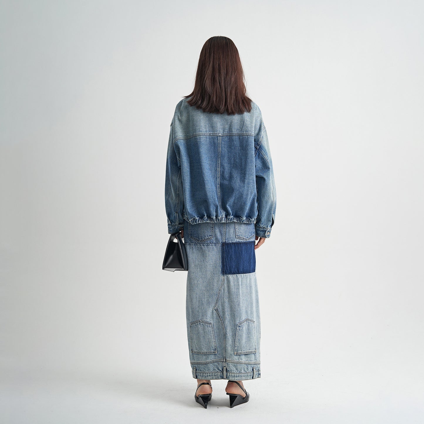 Washed Denim Long Skirts Stitching Design Women's Clothing