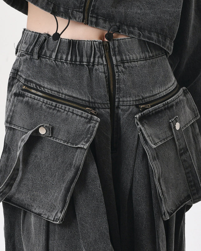 Women's Large Pocket Heavy Industry Denim Jacket Two-piece Set