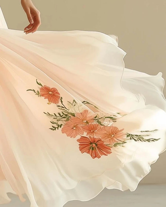 V-neck Short-sleeved Digital Printing Positioning Long Dress