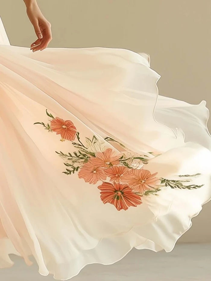 V-neck Short-sleeved Digital Printing Positioning Long Dress