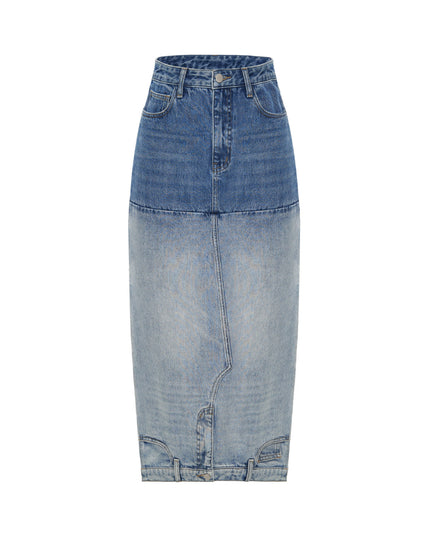 Washed Denim Long Skirts Stitching Design Women's Clothing