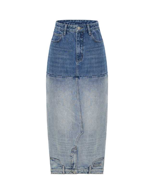 Washed Denim Long Skirts Stitching Design Women's Clothing