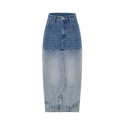 Washed Denim Long Skirts Stitching Design Women's Clothing