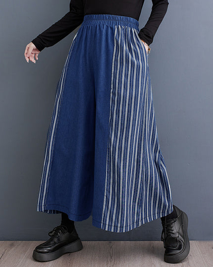 Autumn Clothing Casual Patchwork Striped Denim Fashionable Wide Leg Pants