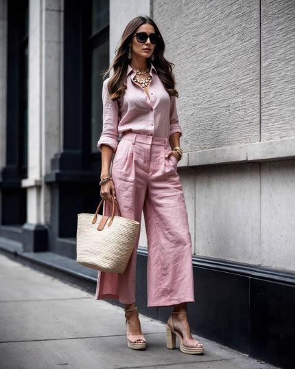 Women's Fashion Minimalist Long Sleeve Top Loose Wide Leg Pants Suit