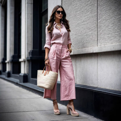 Women's Fashion Minimalist Long Sleeve Top Loose Wide Leg Pants Suit