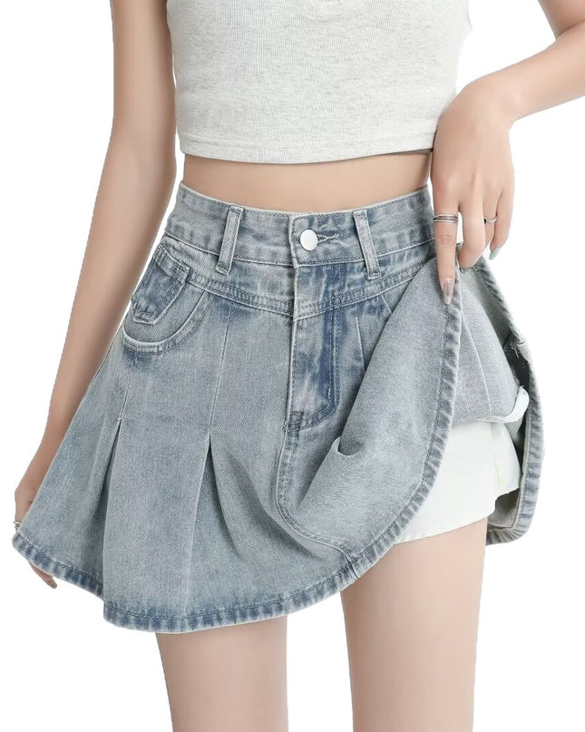 Retro Denim Skirt Summer A- Line Pleated Skirt