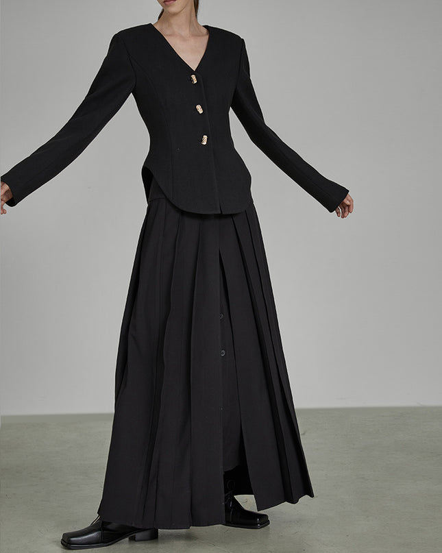 Black V Neck Cropped Blazer With Stylish Shoulder Pads