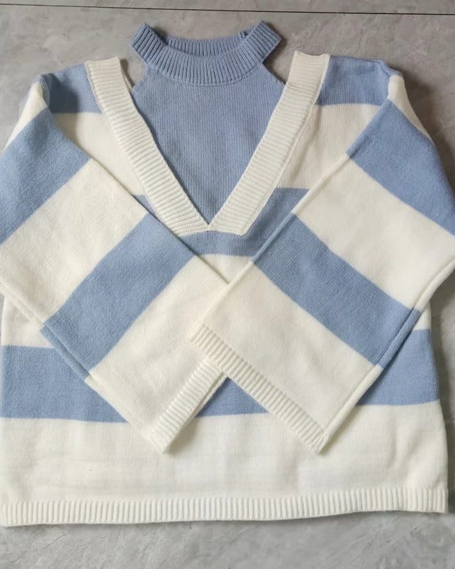 Korean Style False Two-piece Halter Off-the-shoulder Loose Striped Sweater