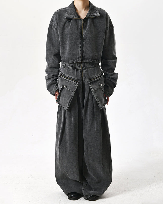 Women's Large Pocket Heavy Industry Denim Jacket Two-piece Set