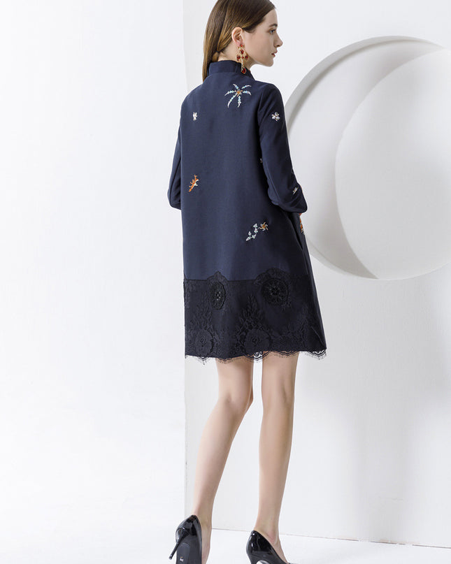 Autumn And Winter Silk Wool Stitching Lace Hit Lace Big Embroidered Mid-length Coat