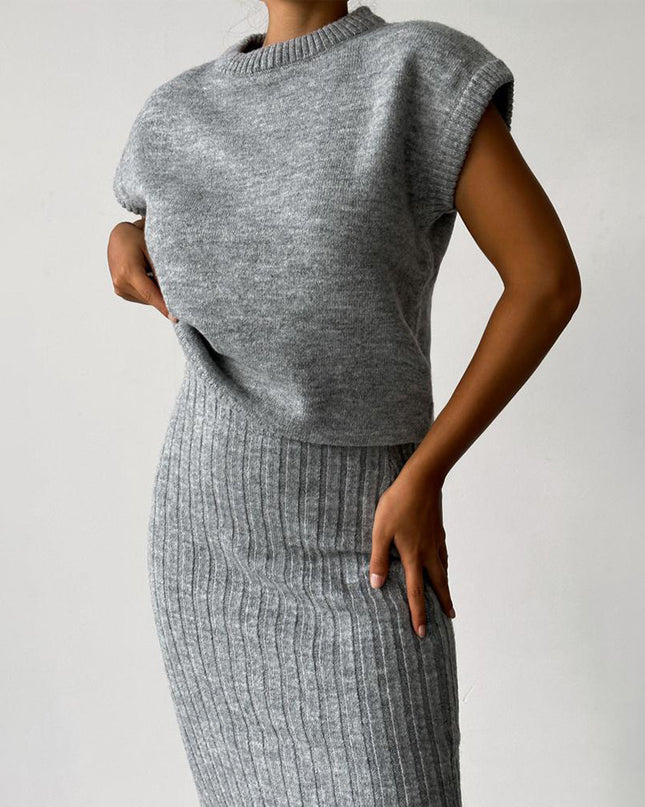 Sweater Suit Women's Sleeveless Pullover Coat Skirt