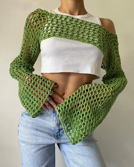 Solid Color Round Neck Long Sleeve Knitted Blouse