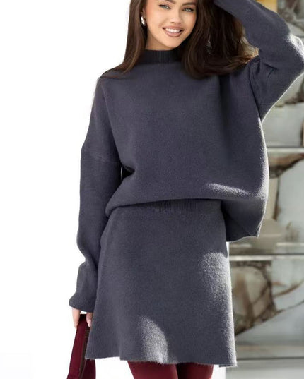 Mock Neck Sweater Autumn And Winter Knitting Top A- Line Skirt Two Pieces