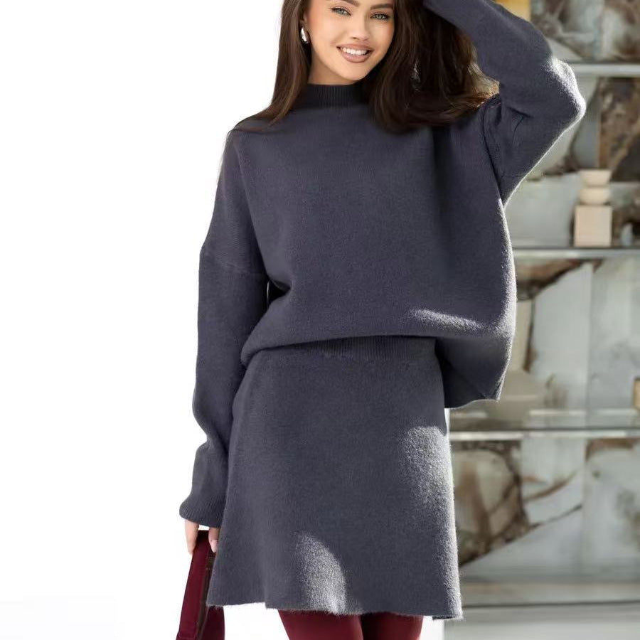 Mock Neck Sweater Autumn And Winter Knitting Top A- Line Skirt Two Pieces