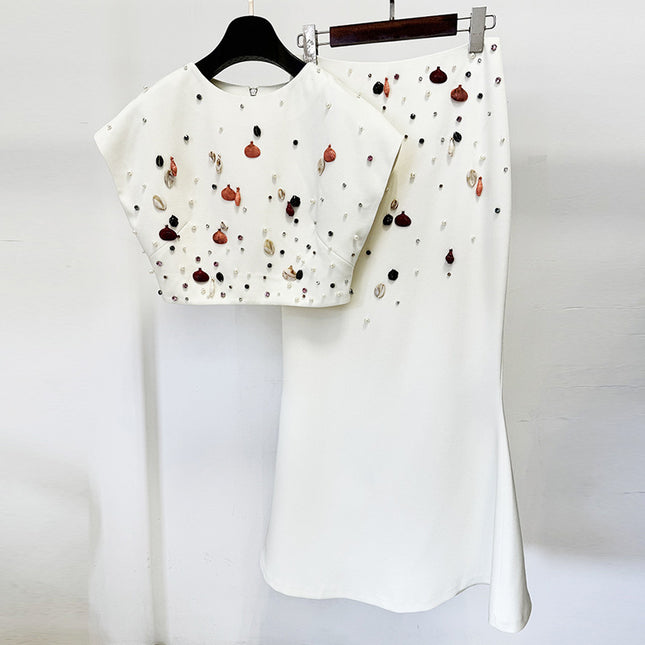 Fashion Heavy Industry Shell Beads Rhinestones Short Top Suit