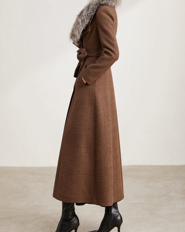 Double Collar Long Slim Fit Tweed Coat
