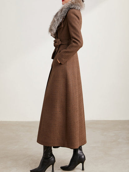 Double Collar Long Slim Fit Tweed Coat