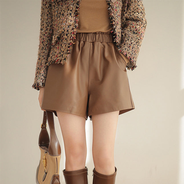 Fashion Loose Straight Leather Shorts Women