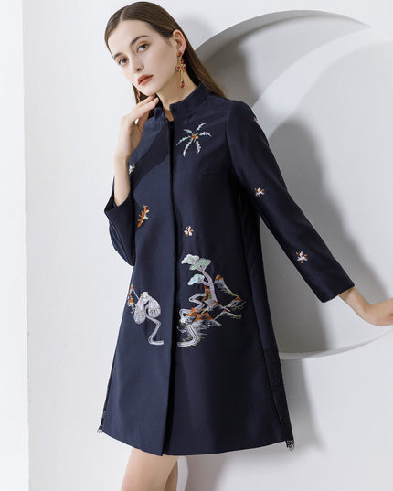 Autumn And Winter Silk Wool Stitching Lace Hit Lace Big Embroidered Mid-length Coat