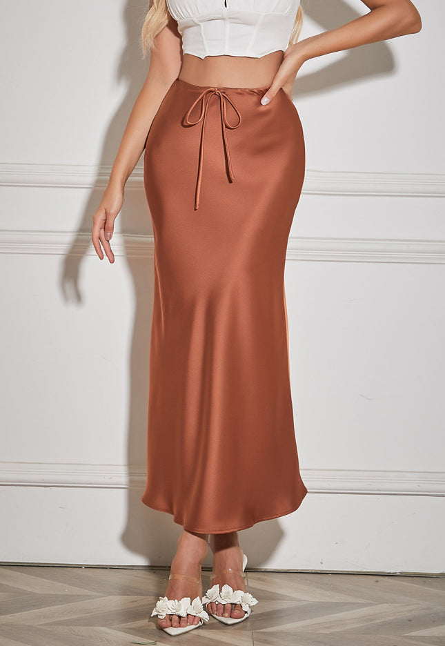 High Quality Satin Dress High Waist Drawstring Lace-up Solid Skirt Women