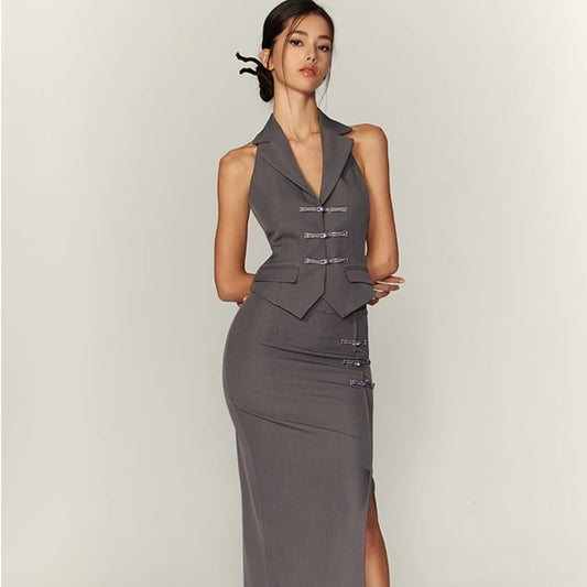 Traditional Halter Spaghetti Straps Vest Slit Skirt Suit
