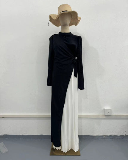 Long Sleeve Stitching Design Pleated False Two-piece Suit Dress