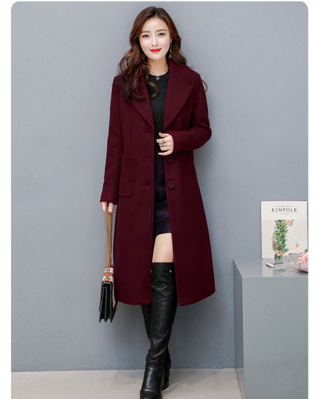 Fashionable Over-the-knee Woolen Women's Slim And Slim Long Woolen Coat