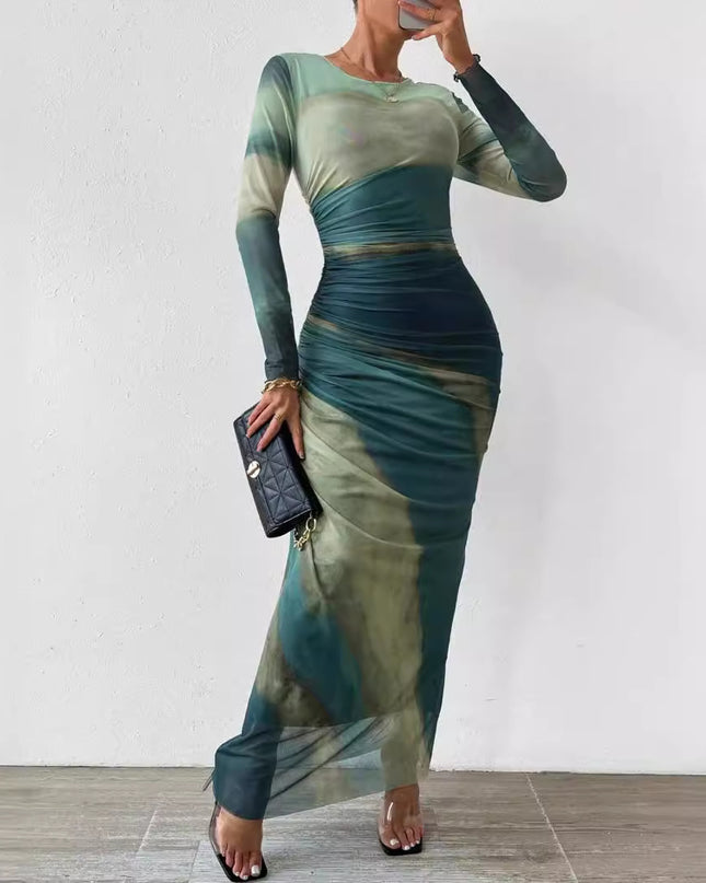 Tie-dyed Long Sleeve Slim Fit Hot Girl Long Dress