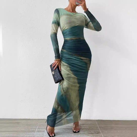 Tie-dyed Long Sleeve Slim Fit Hot Girl Long Dress