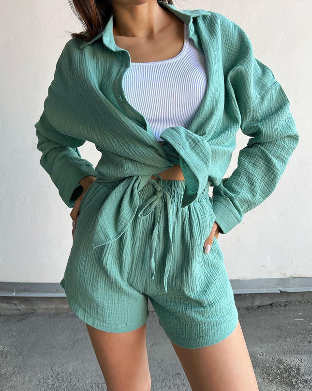 Long Sleeve Shirt Shorts Suit Women