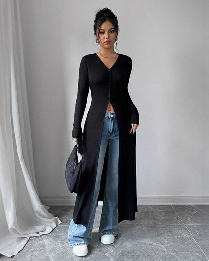 European And American Solid Color Long Button Cardigan Slim Fit Slimming Top Women