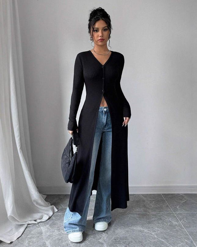 European And American Solid Color Long Button Cardigan Slim Fit Slimming Top Women