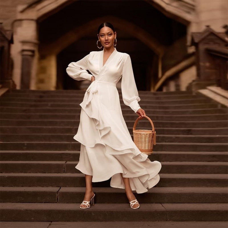 Long Sleeve Ruffles Long White Satin Dress Layered