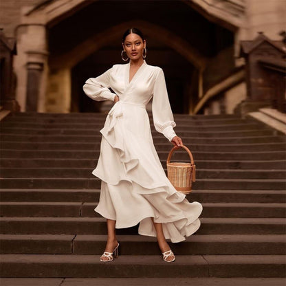 Long Sleeve Ruffles Long White Satin Dress Layered