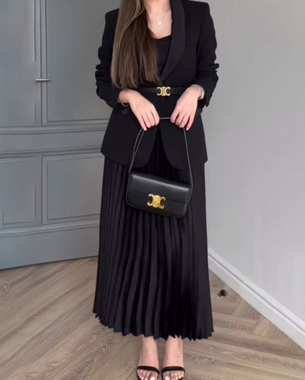 Solid Color Blazer & Pleated Skirt Suit