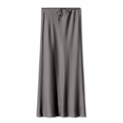 High Quality Satin Dress High Waist Drawstring Lace-up Solid Skirt Women