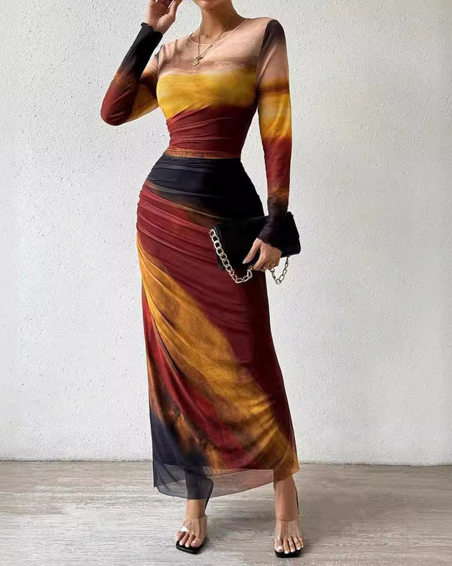 Tie-dyed Long Sleeve Slim Fit Hot Girl Long Dress