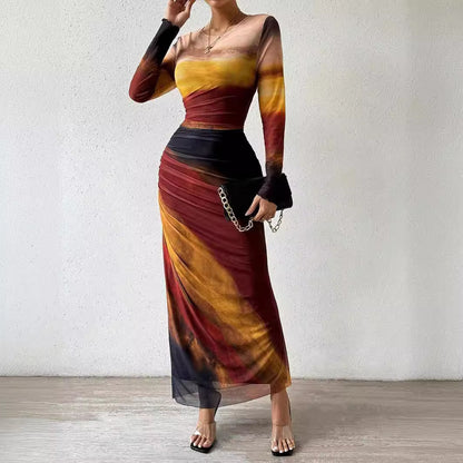 Tie-dyed Long Sleeve Slim Fit Hot Girl Long Dress