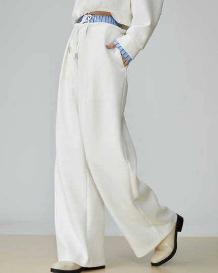 Two Piece Set Of Blue And White Striped Collared Sloping Shoulder Hoodie And Wide Leg Pants