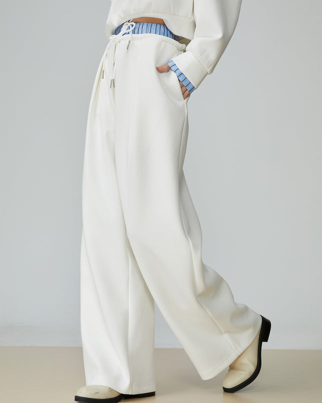 Two Piece Set Of Blue And White Striped Collared Sloping Shoulder Hoodie And Wide Leg Pants